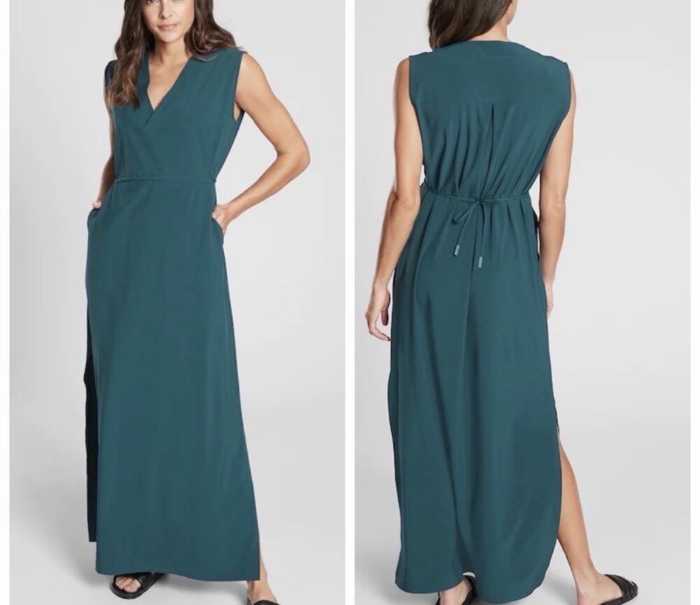 Athleta Size S Teal Blue Sleeveless V-Neck Marlow Maxi Dress Drawstring Waist